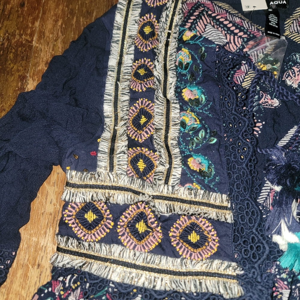Aqua Embroidered Printed Top jacket Shacket Boho chic Hippie Tassel - Picture 12 of 15
